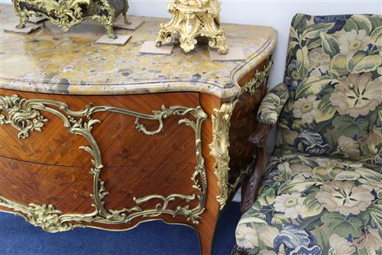 A Louis XV style ormolu mounted kingwood and marquetry bombe commode, W.4ft 8in. D.2ft H.3ft